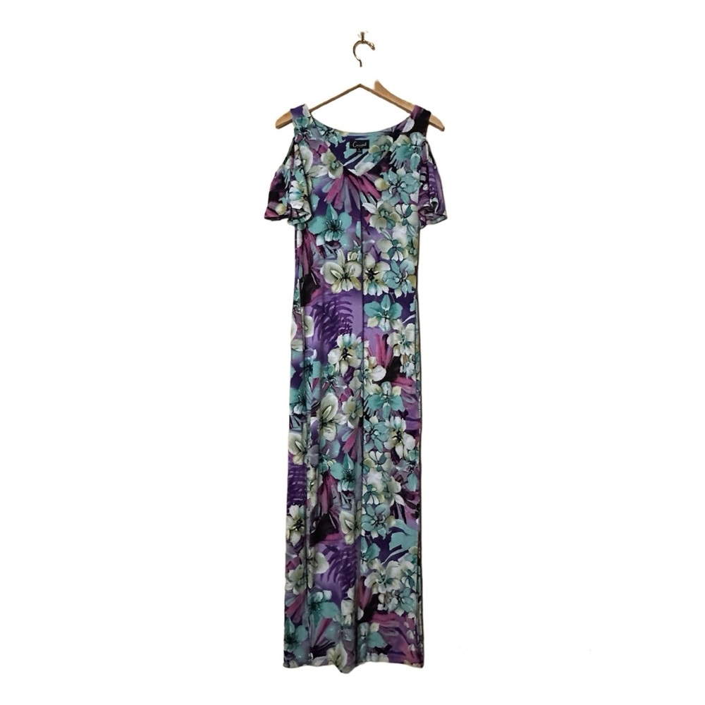 CONNECTED APPAREL Flutter Cold Shoulder Purple Floral Side Slits Maxi Dress